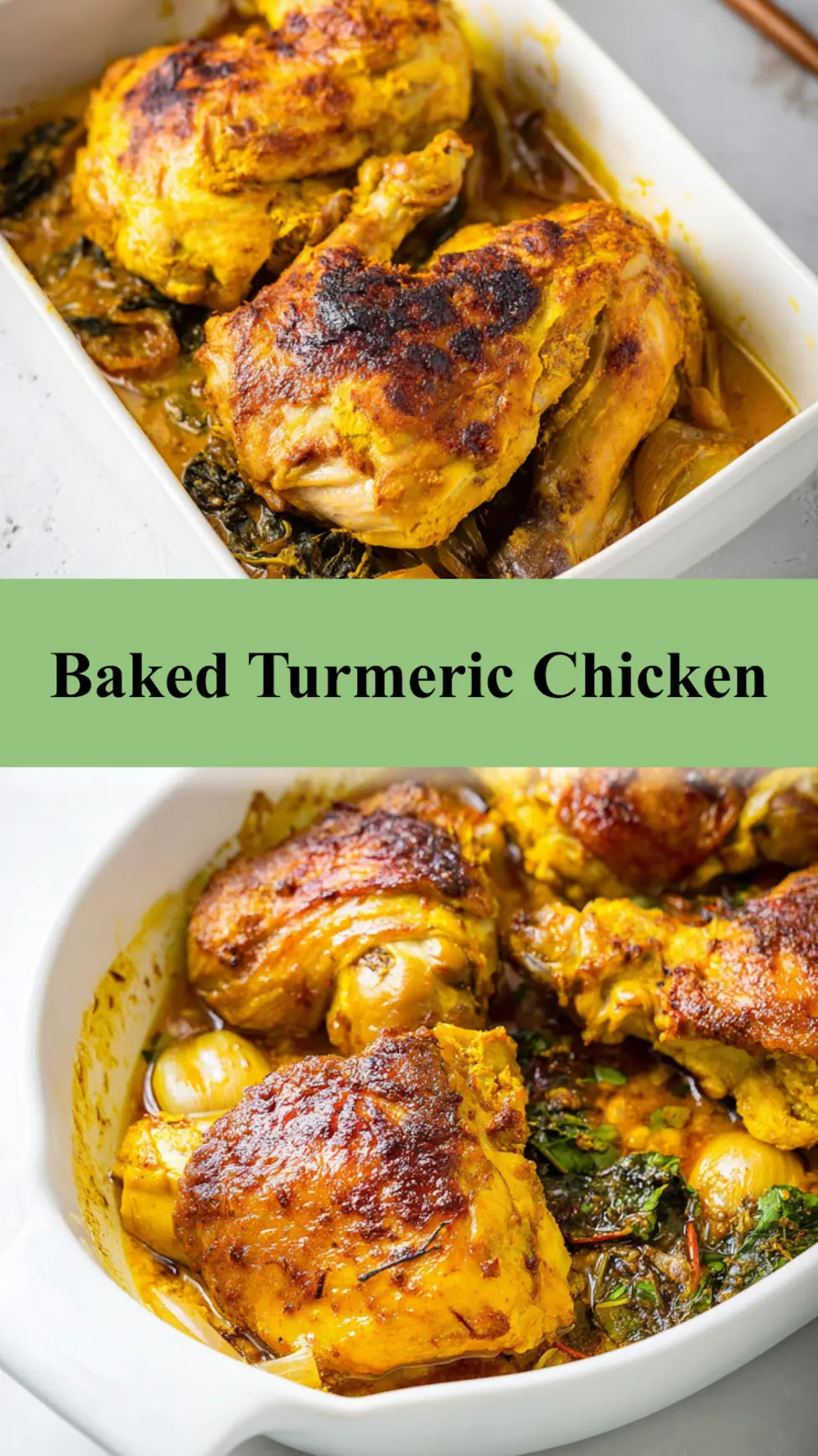 Baked Turmeric Chicken pin image showing golden roasted chicken with vegetables in a baking dish