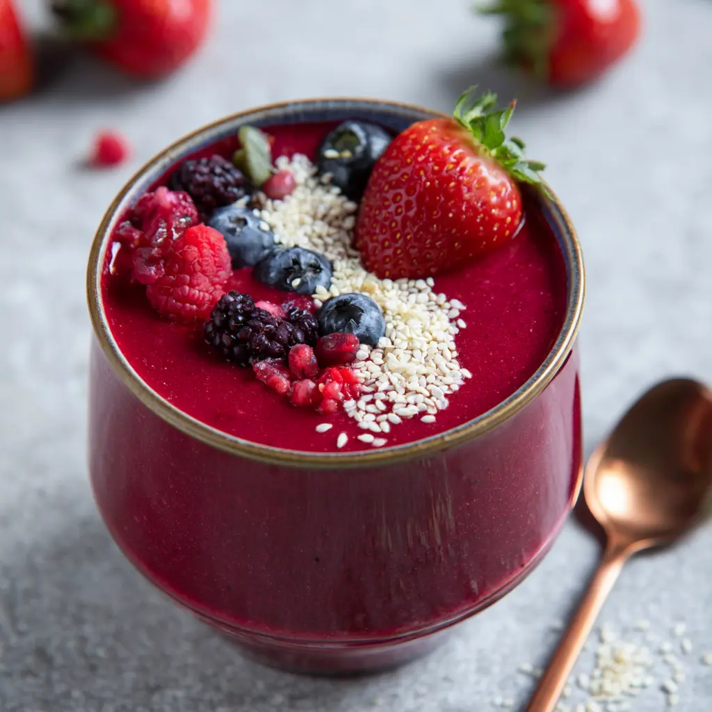 Beet Berry Smoothie Bowl recipe, served and ready to eat, easy homemade dish