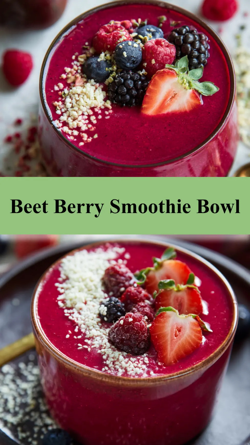 Beet Berry Smoothie Bowl recipe, served and ready to eat, easy homemade dish_pin