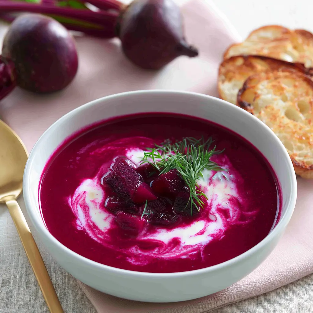 Anti-Inflammatory Beet Coconut Curry Soup Warm Your Life with This Vibrant Easy Bowl 2 Beet Coconut Curry Soup served in a bowl, vibrant ruby color, garnished with fresh dill and a swirl of plant-based yogurt