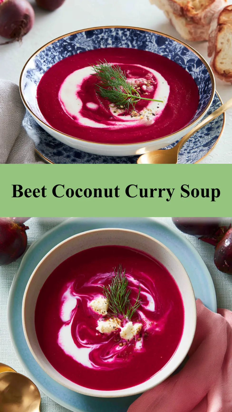 Anti-Inflammatory Beet Coconut Curry Soup Warm Your Life with This Vibrant Easy Bowl 3 Beet Coconut Curry Soup pinnable image showing vibrant ruby soup garnished with dill and plant-based yogurt swirl