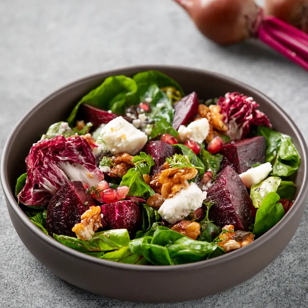 Beet goat cheese bowl served and ready to eat, topped with crumbled goat cheese, toasted walnuts, and roasted beets on mixed greens