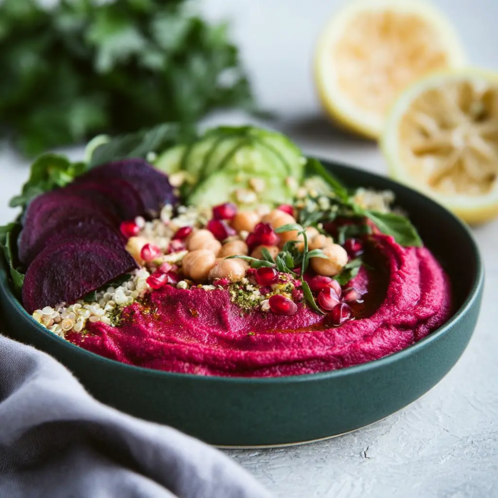 Beet hummus power bowl served and ready to eat, topped with mint, pine nuts, and sesame seeds