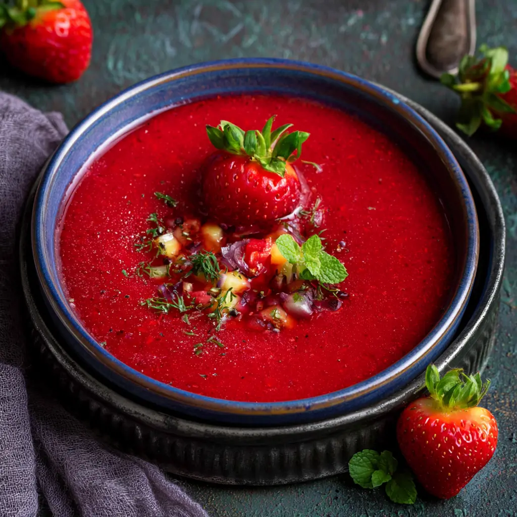 Beet Immune Boosting Gazpacho Vibrant Fresh Way to Love Real Nourishment 2 Beet immune boosting gazpacho served cold in a bowl, garnished with fresh strawberries and thyme