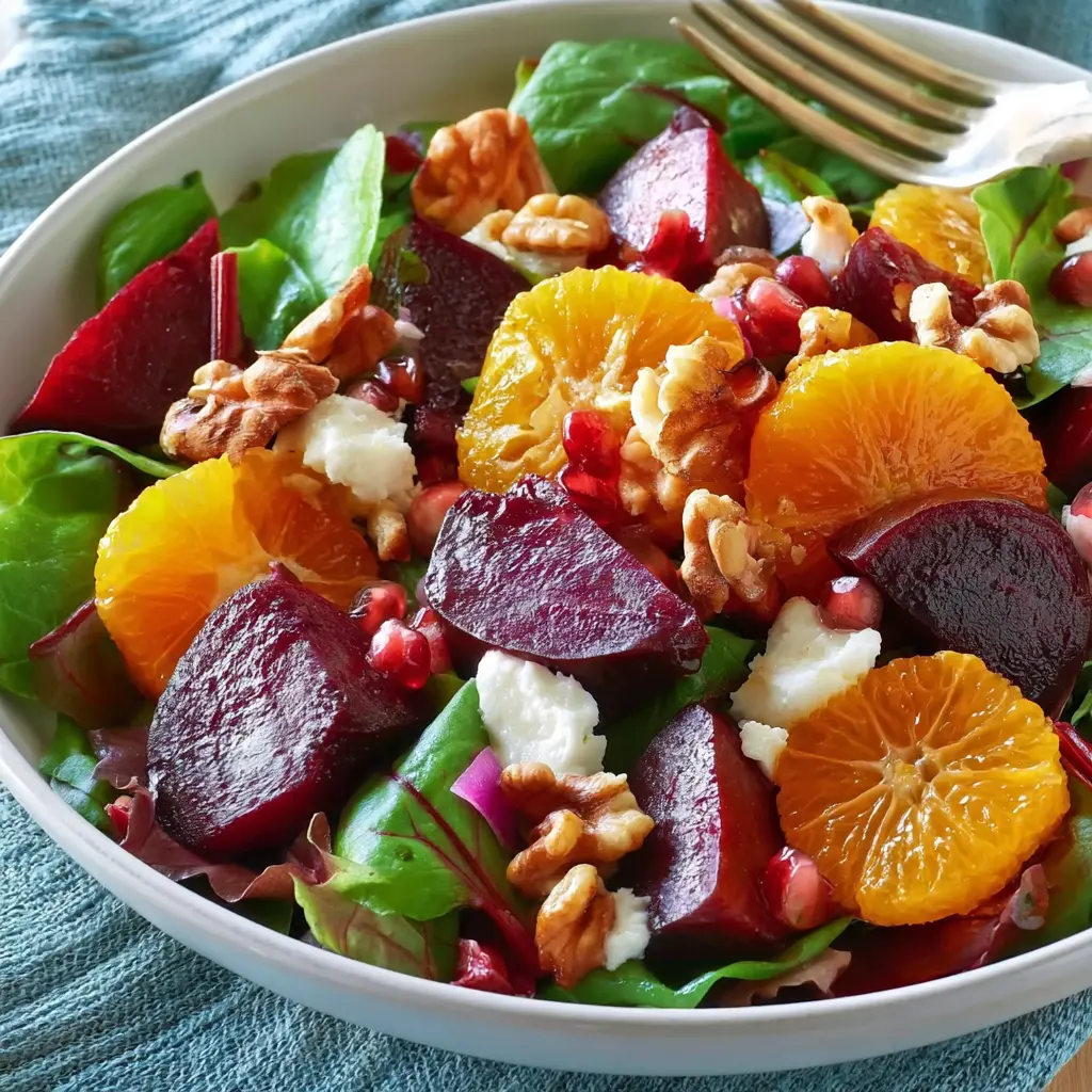Beet Orange Walnut Salad recipe, served and ready to eat, easy homemade dish