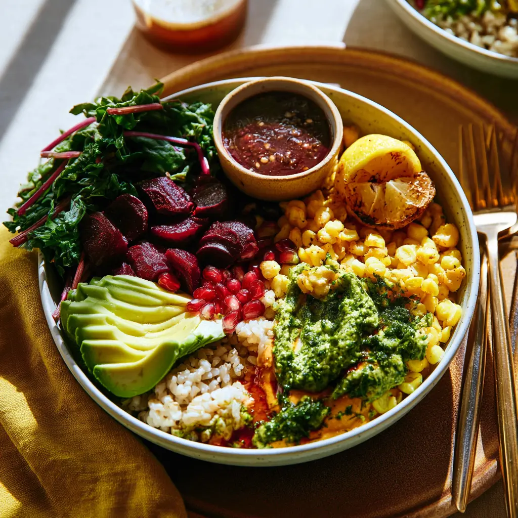 Beet Pesto Grain Bowl served and ready to eat, a vibrant homemade dish with roasted vegetables and turmeric tahini sauce