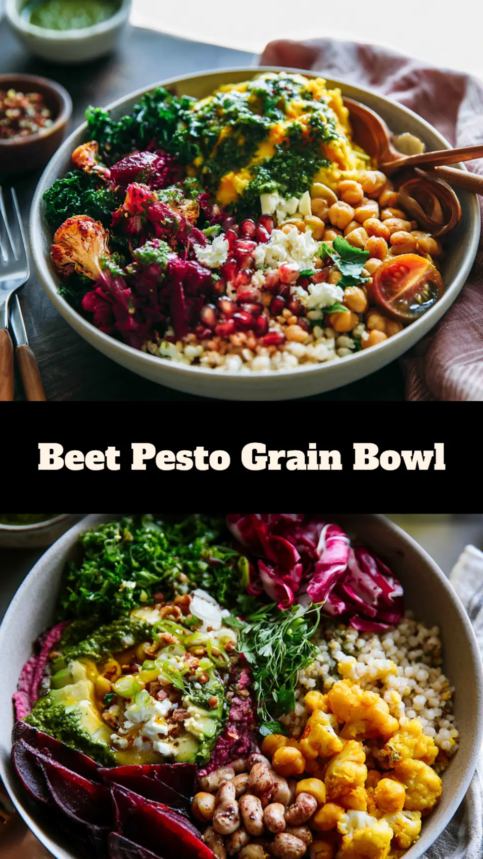 Beet Pesto Grain Bowl recipe pin  roasted vegetables, chickpeas, and turmeric tahini sauce over whole grains