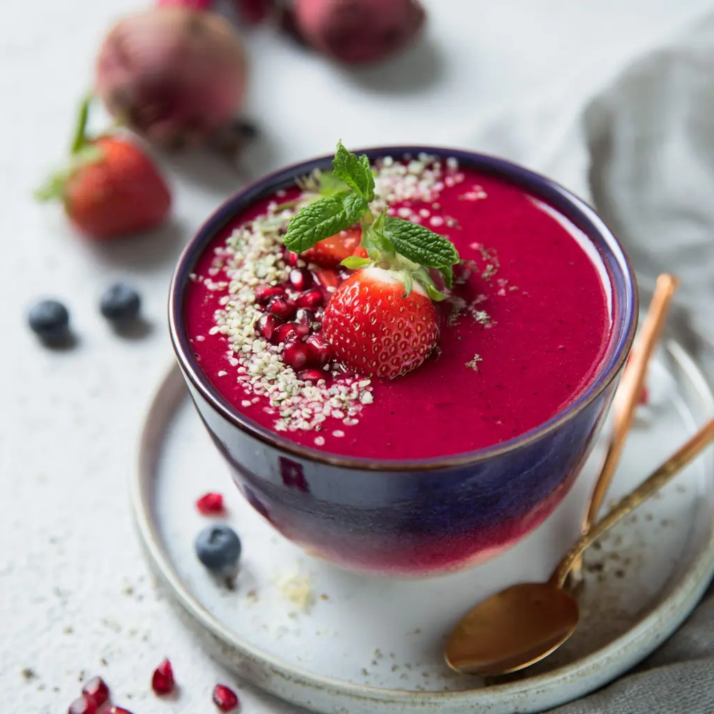 Beet Smoothie Bowl recipe, served and ready to eat, easy homemade dish