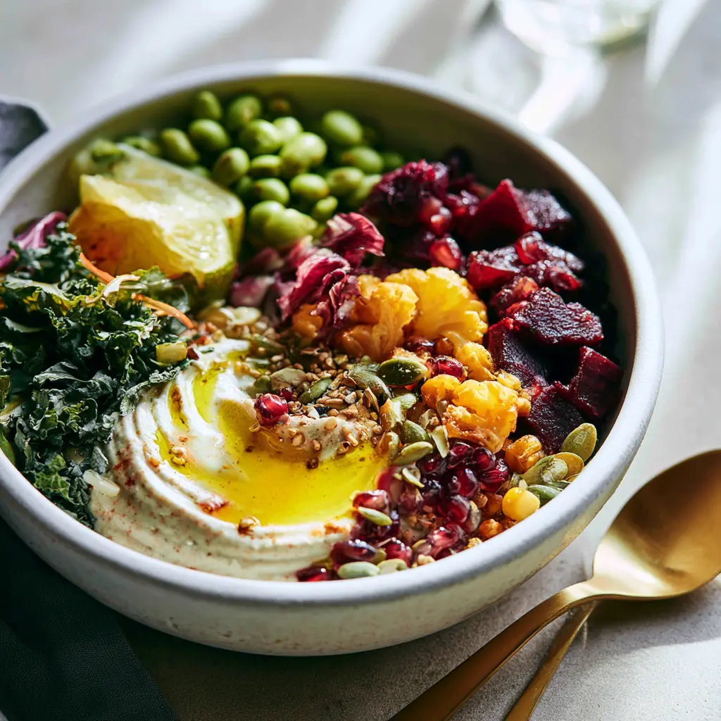 Beet Tahini Anti-Inflammatory Bowl Vibrant and Satisfying Real Nourishment 2 Beet Tahini Anti-Inflammatory Bowl served and ready to eat, with roasted beets, chickpeas, and turmeric tahini sauce