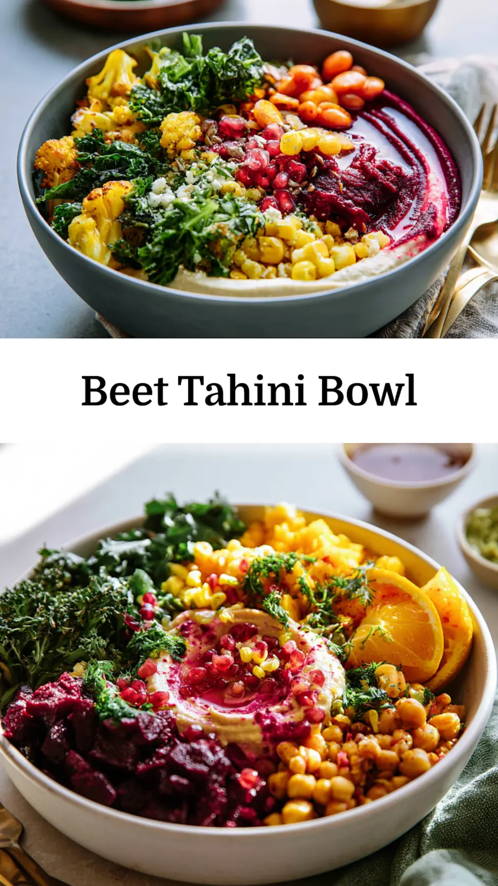 Beet Tahini Anti-Inflammatory Bowl Vibrant and Satisfying Real Nourishment 3 Beet Tahini Anti-Inflammatory Bowl pinnable image with roasted beets, chickpeas, kale, and turmeric tahini sauce
