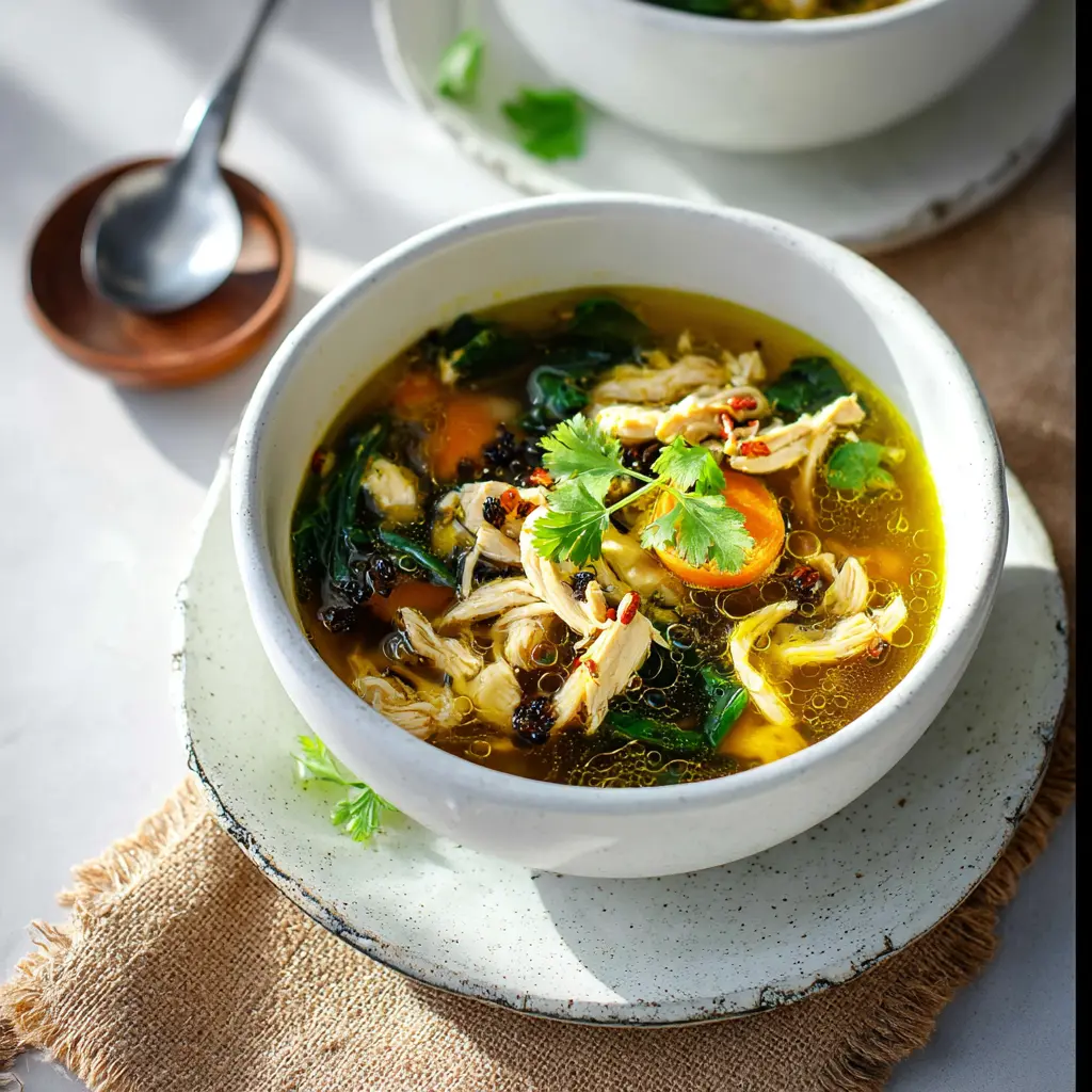 Black Garlic Immune Chicken Soup recipe, served and ready to eat, easy homemade dish