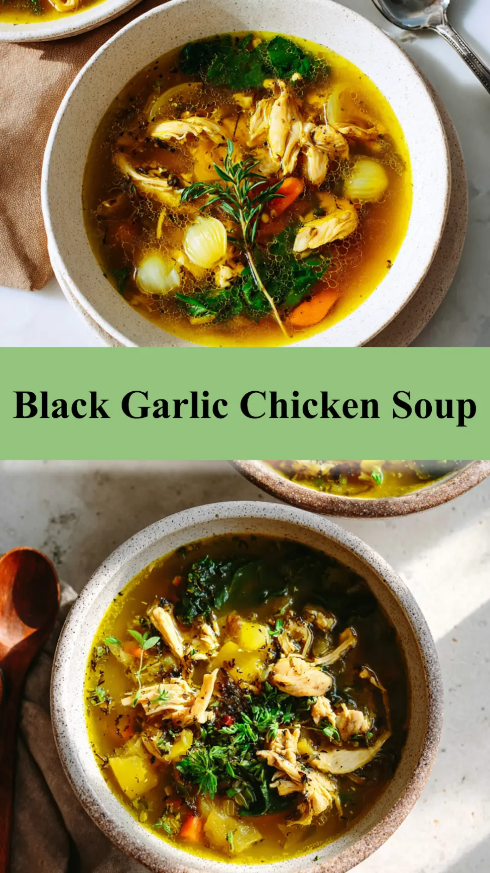 Black Garlic Immune Chicken Soup recipe, served and ready to eat, easy homemade dish