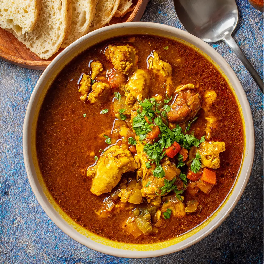 Cape Malay Chicken Curry Soup recipe, served and ready to eat, easy homemade dish