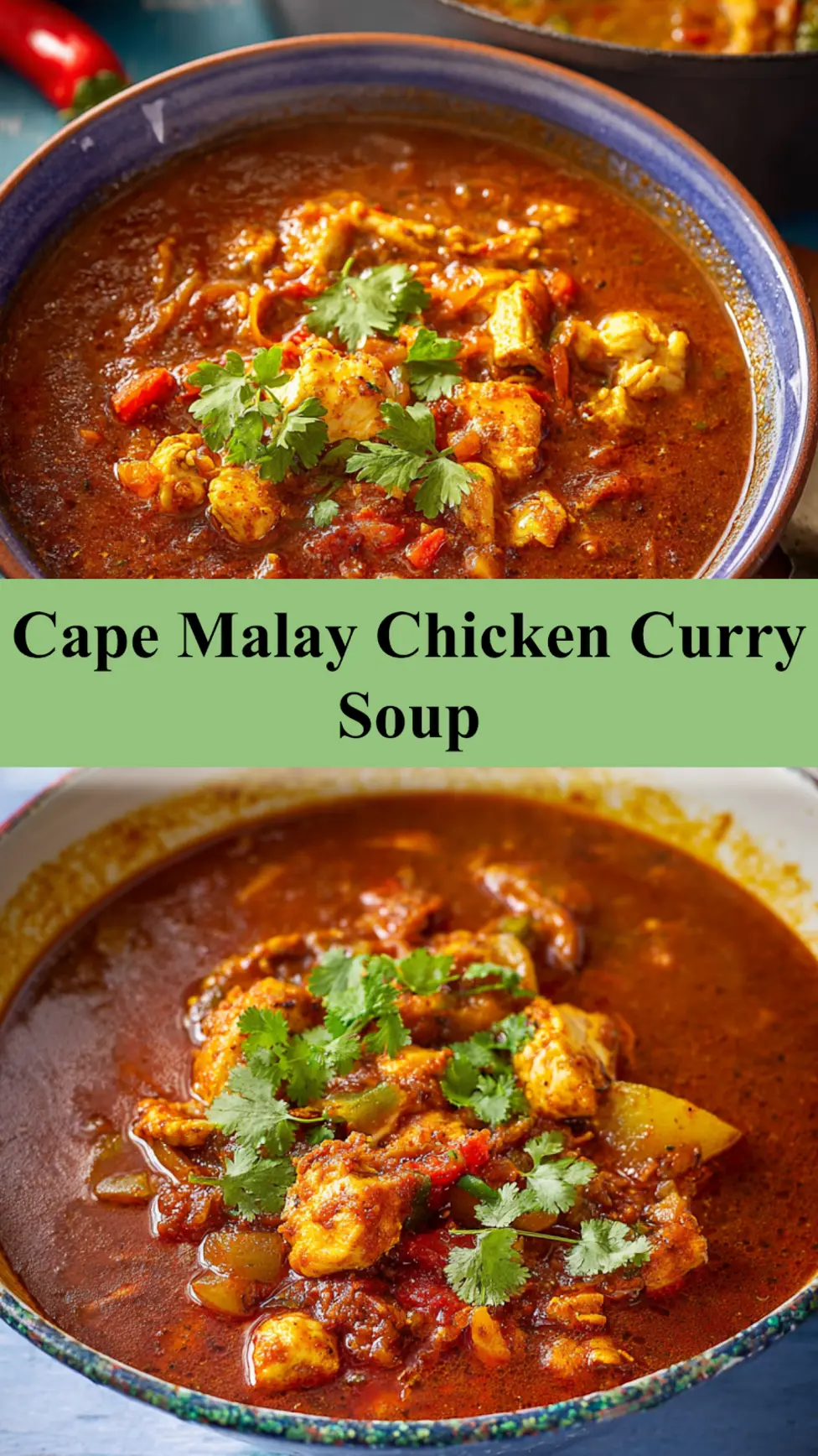 Cape Malay Chicken Curry Soup recipe, served and ready to eat, easy homemade dish