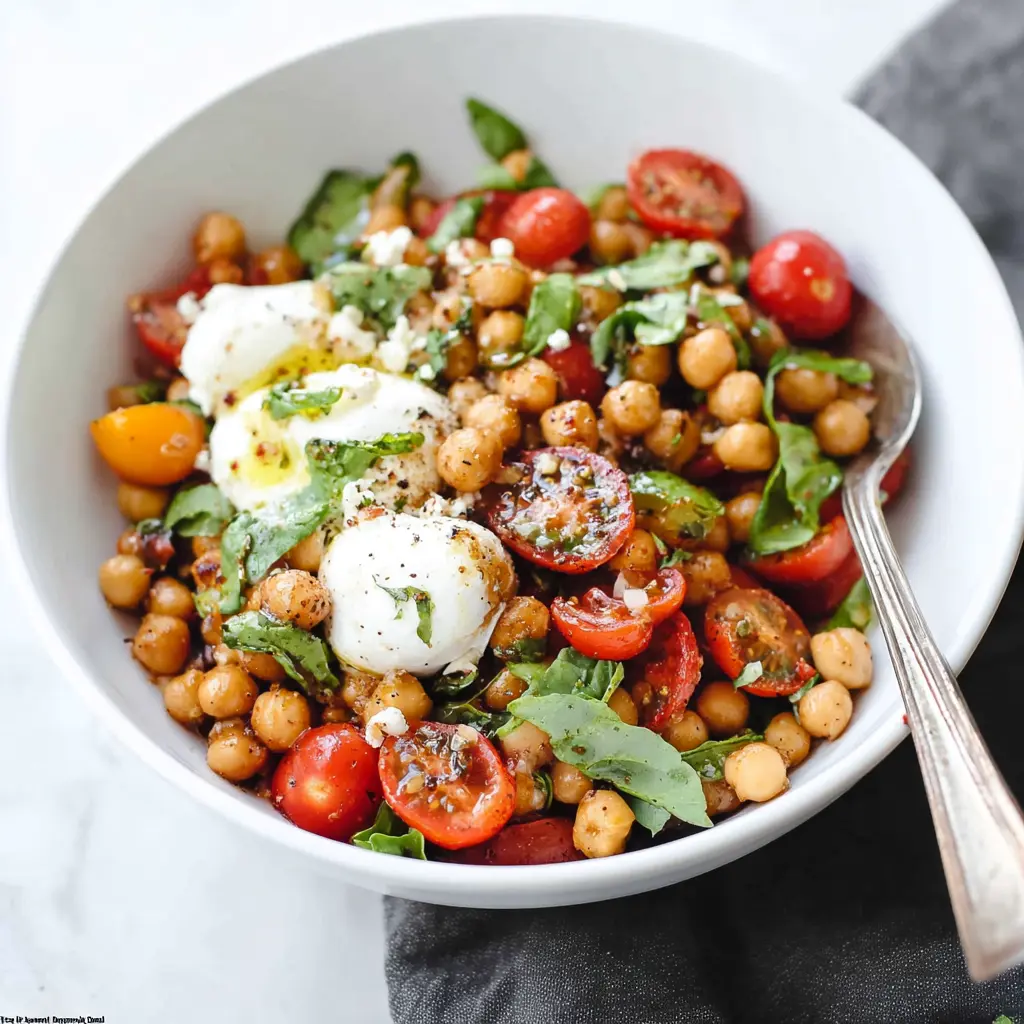 Caprese Chickpea Protein Bowl served in a bowl, ready to eat