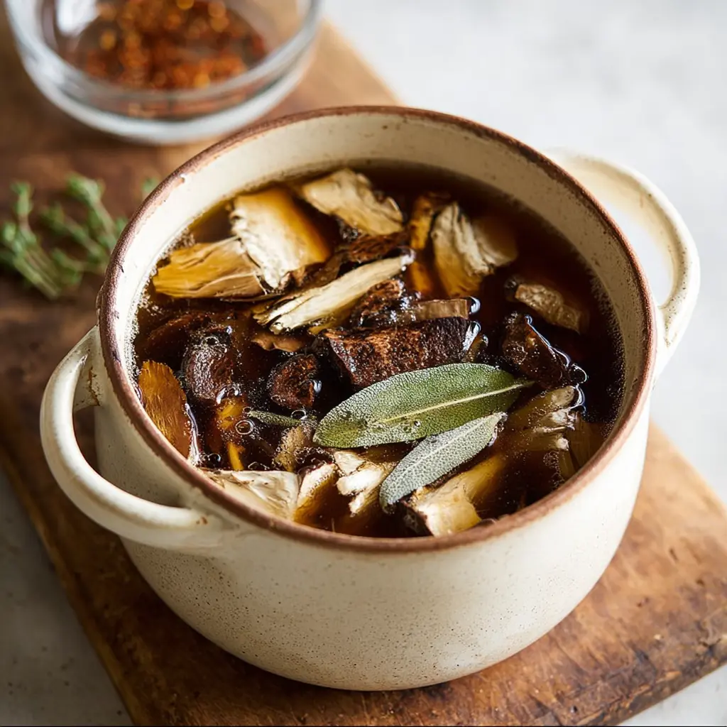 Chaga Mushroom Healing Bone Broth served in a bowl, rich amber color, homemade and ready to enjoy