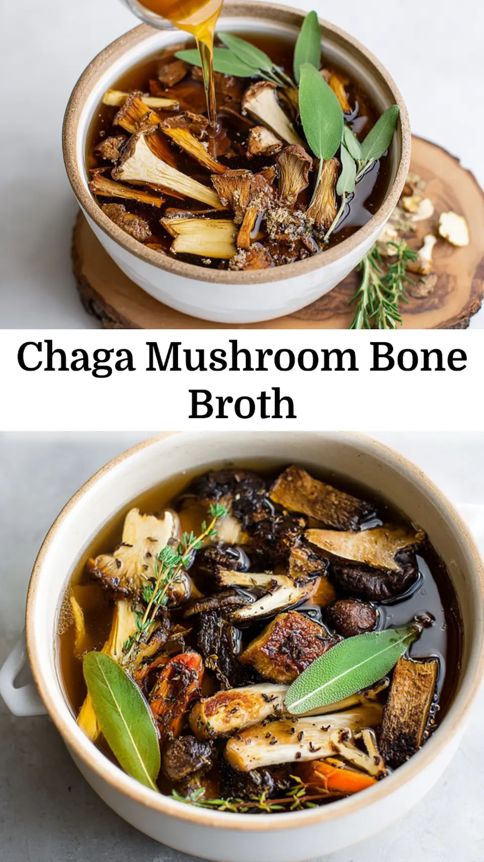 Chaga Mushroom Healing Bone Broth recipe, served and ready to eat, easy homemade dish_pin