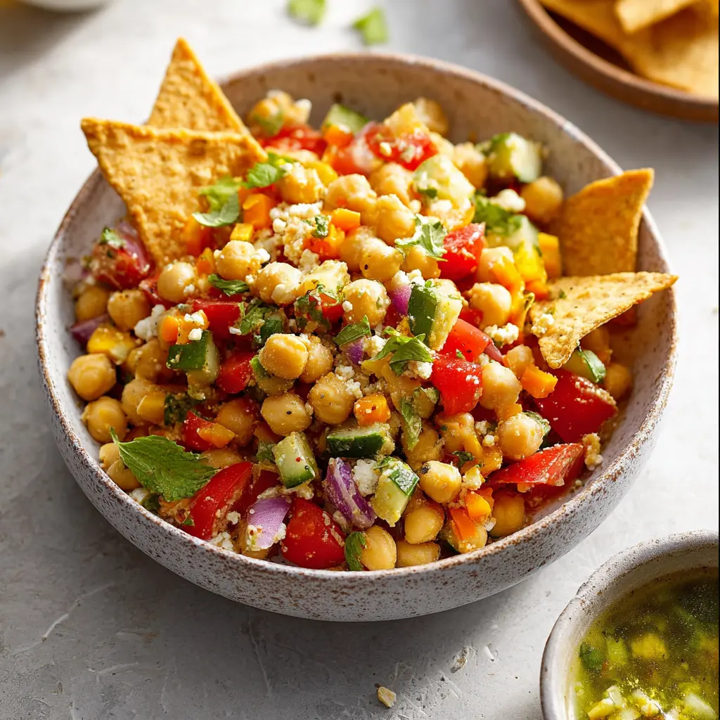 Chickpea chopped salad with pita chips, served and ready to eat