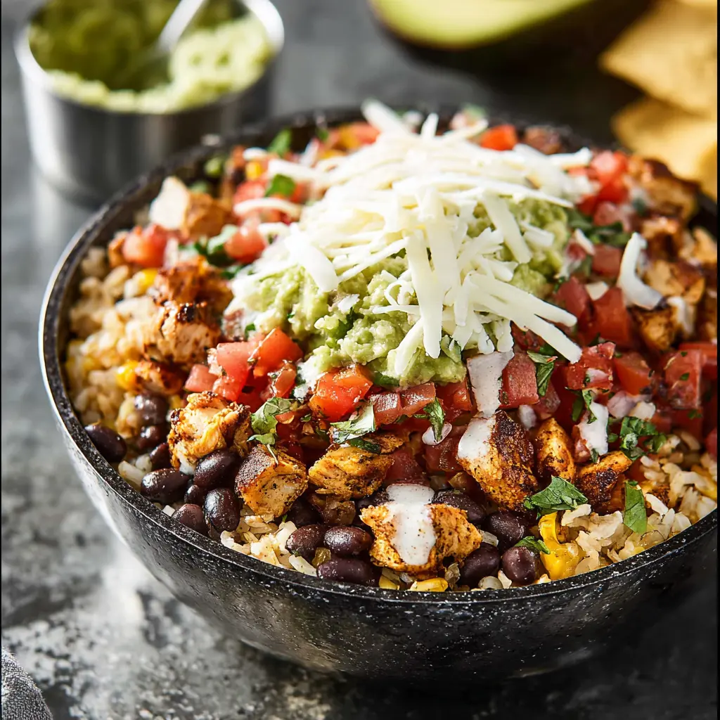 Chipotle Burrito Bowl recipe, served and ready to eat, easy homemade dish