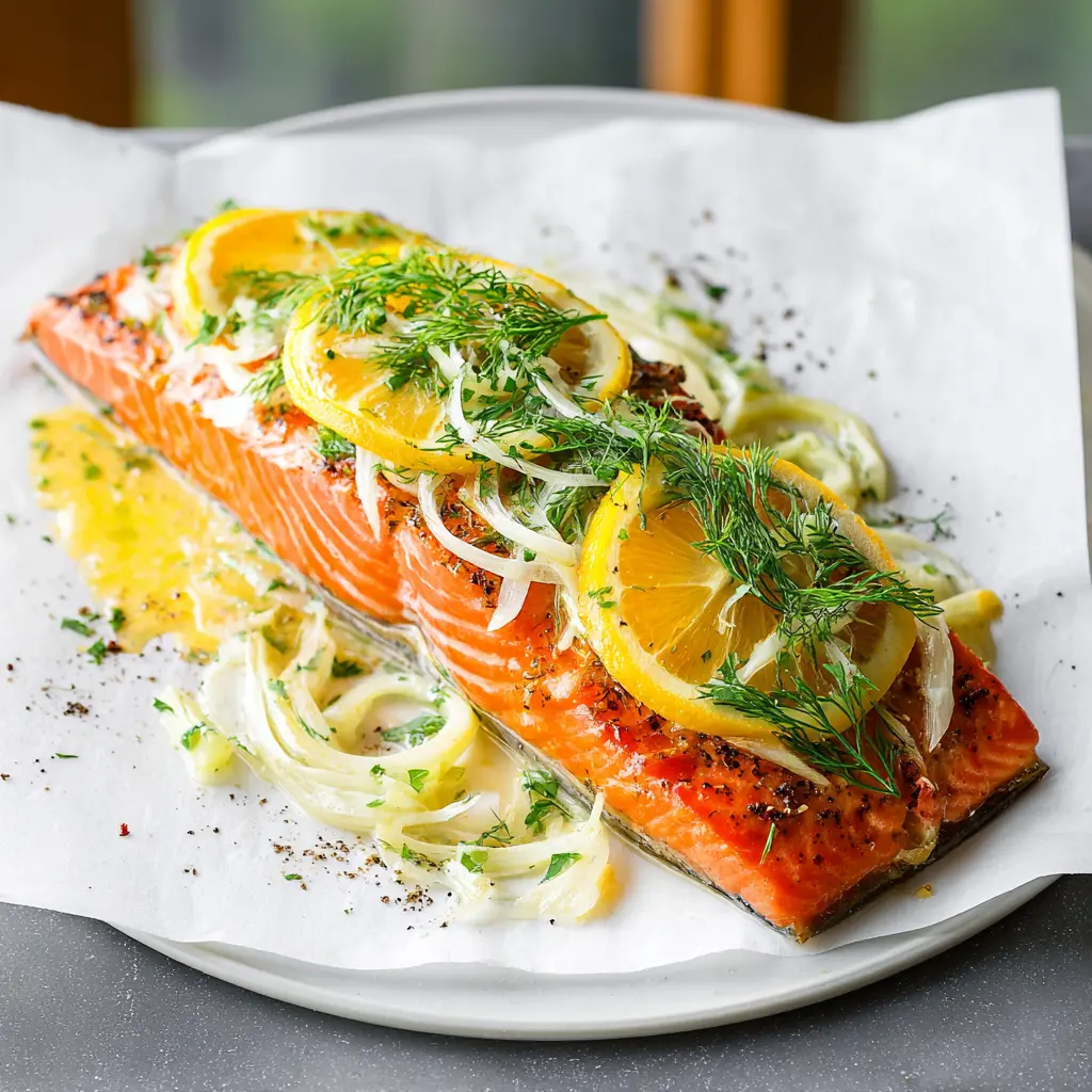 Citrus Poached Salmon with Fennel recipe, plated and ready to serve