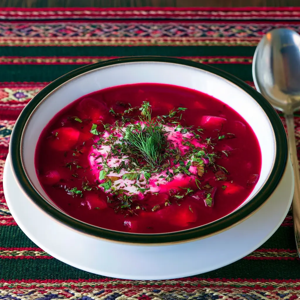 Cold Beet Soup recipe, served and ready to eat, easy homemade dish