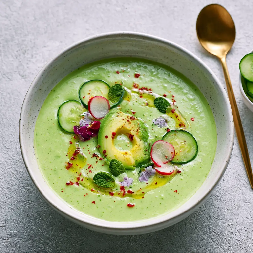 Cucumber Avocado Gazpacho Cold Soup recipe, served and ready to eat, easy homemade dish