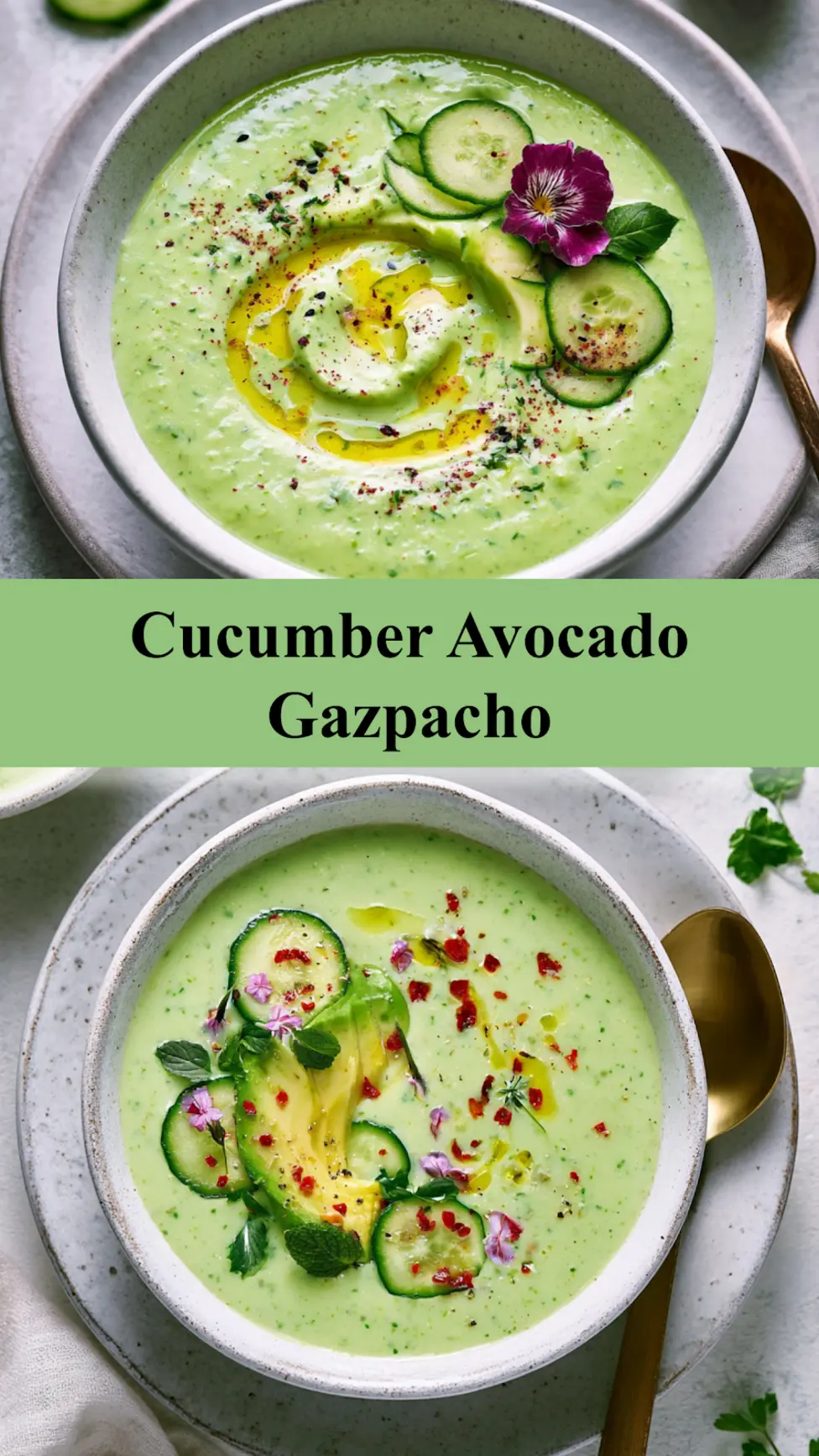 Cucumber Avocado Gazpacho Cold Soup recipe, served and ready to eat, easy homemade dish_pin