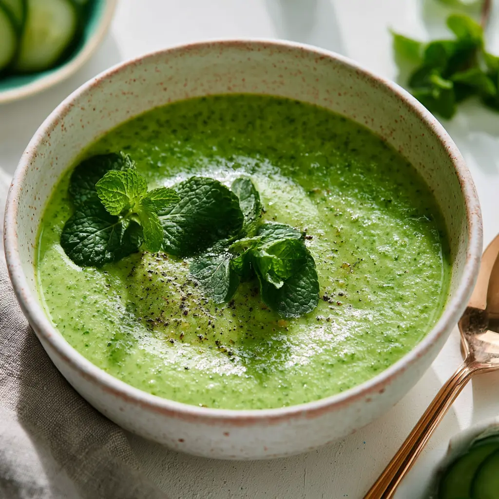 Anti-Inflammatory Cucumber Mint Gazpacho Vibrant Fresh Recipe Your New Summer Love 2 Cucumber Mint Gazpacho served in a white bowl, garnished with fresh mint and microgreens