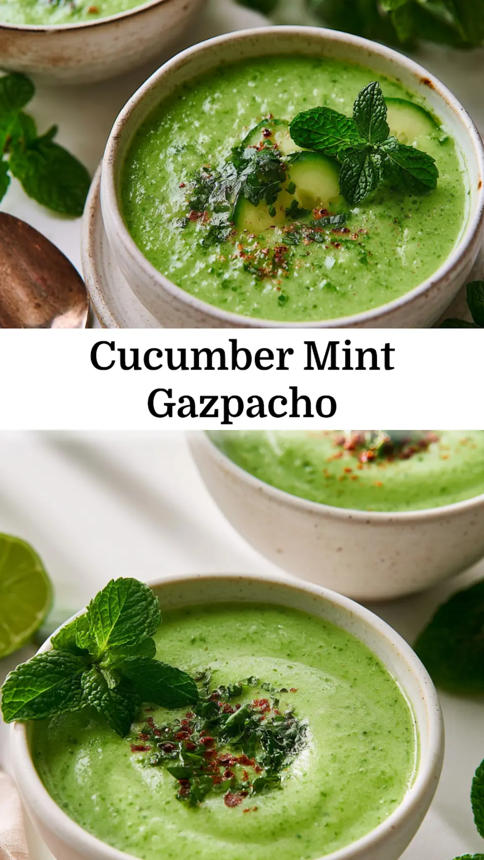 Anti-Inflammatory Cucumber Mint Gazpacho Vibrant Fresh Recipe Your New Summer Love 3 Cucumber Mint Gazpacho recipe pin chilled green soup served in a white bowl with fresh mint and microgreens