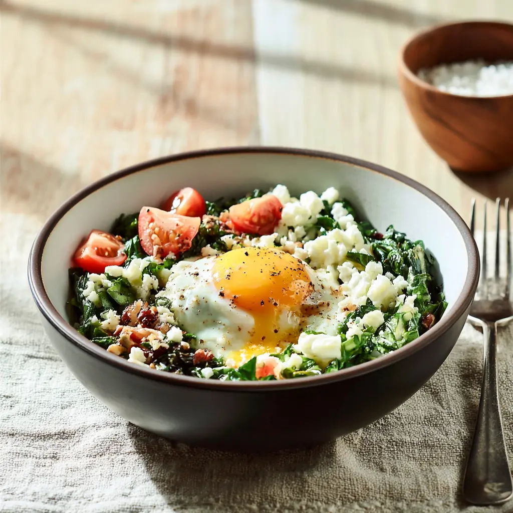 Egg White Spinach Breakfast Bowl served in a bowl, topped with poached eggs, wilted spinach, and cherry tomatoes