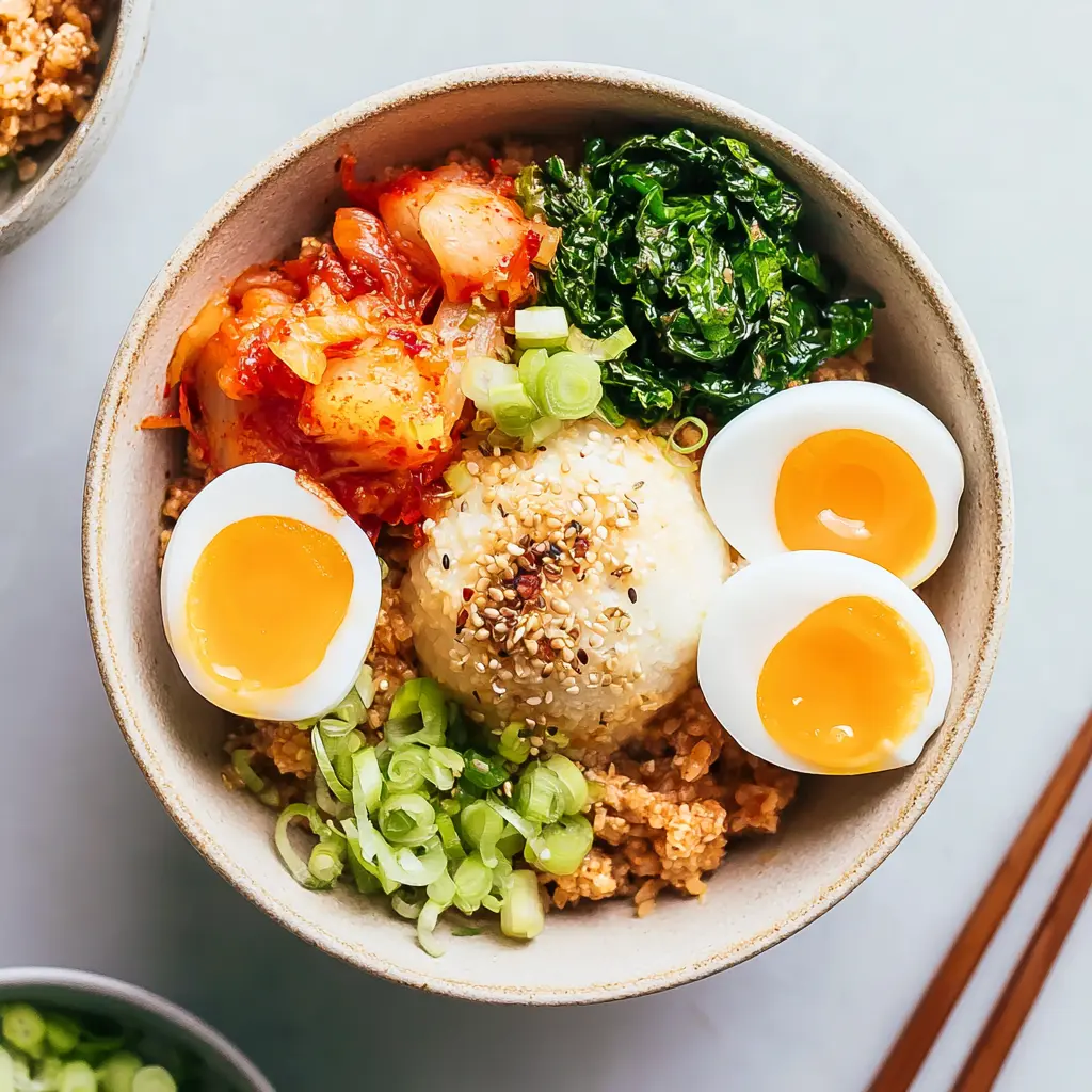 Fermented kimchi bowl served and ready to eat, topped with a runny egg and sliced green onions