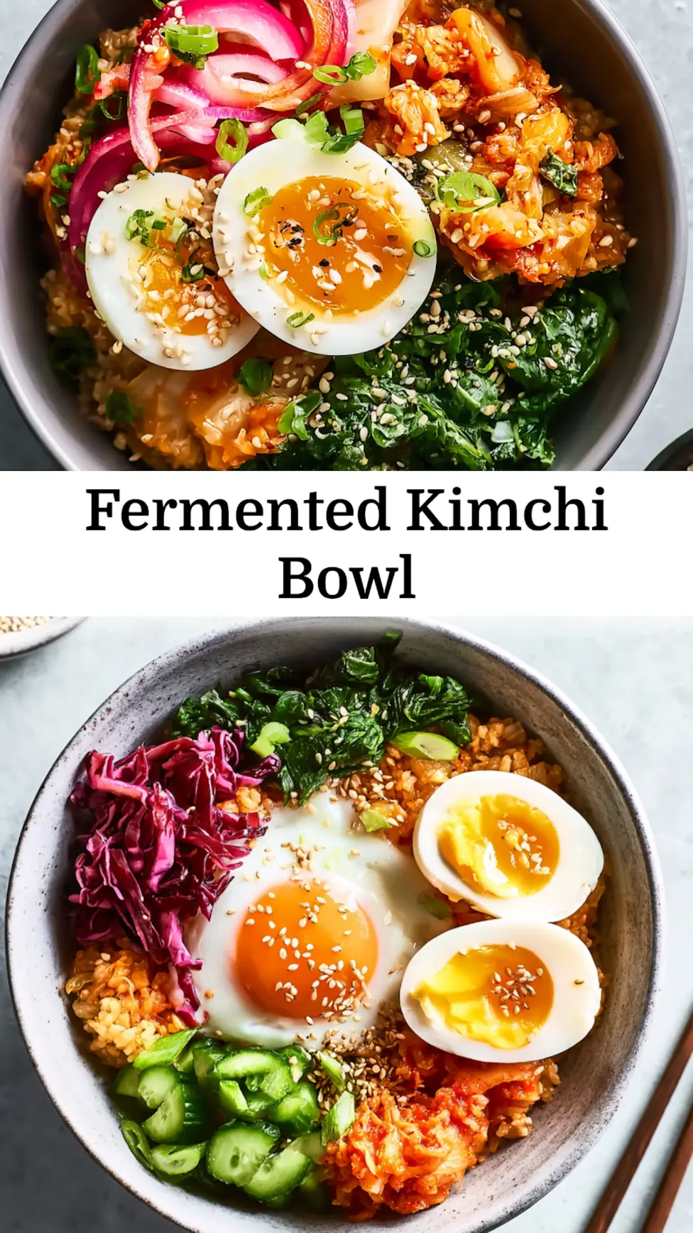 Fermented kimchi bowl with quinoa, kale, and a runny egg  easy homemade recipe