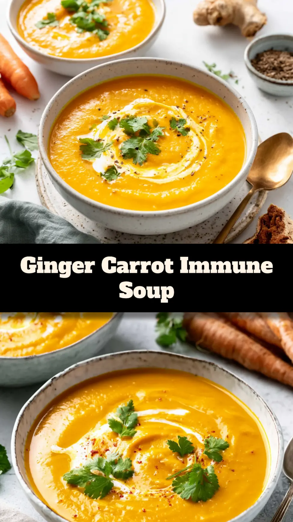 Ginger Carrot Immune Soup recipe, served and ready to eat, easy homemade dish