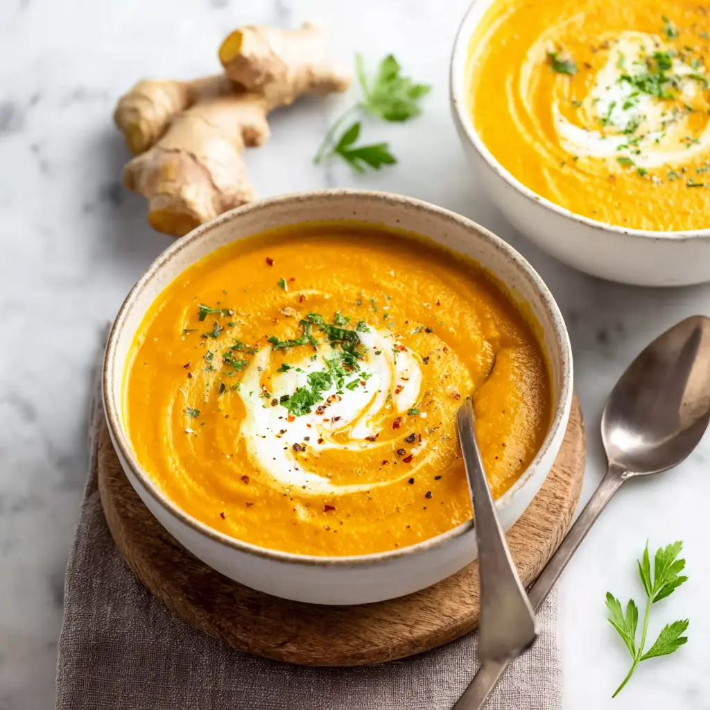 Ginger Carrot Soup recipe, served and ready to eat, easy homemade dish