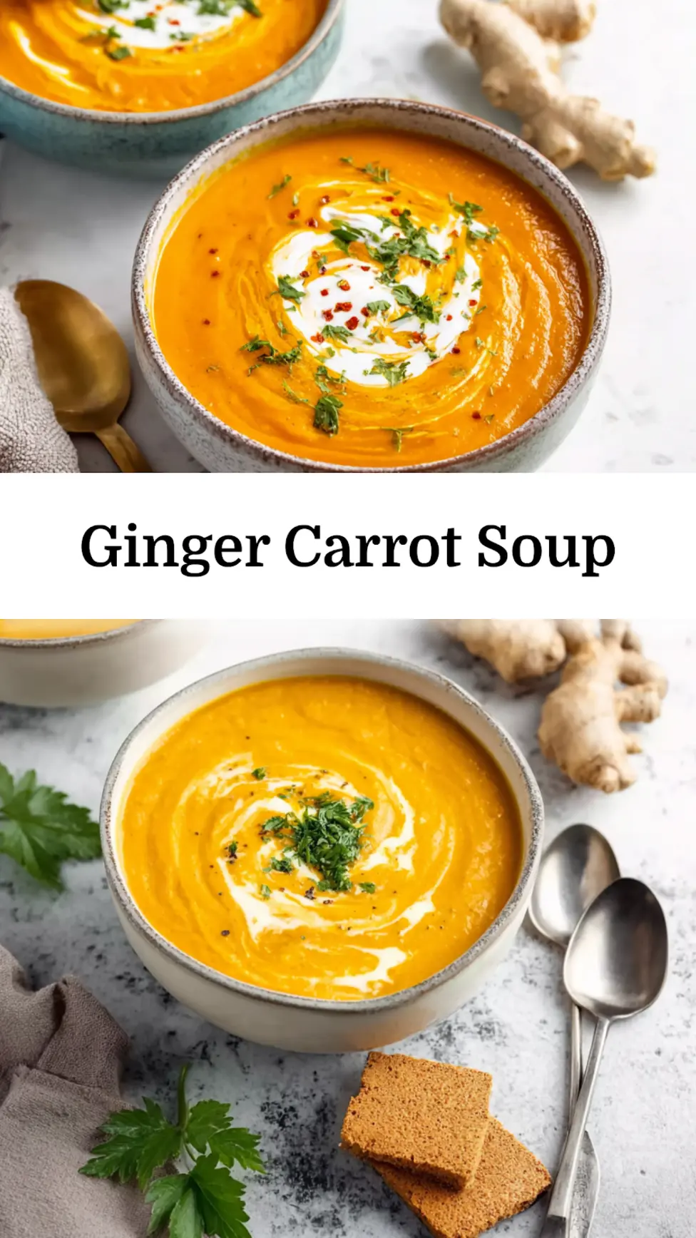 Ginger Carrot Soup recipe, served and ready to eat, easy homemade dish