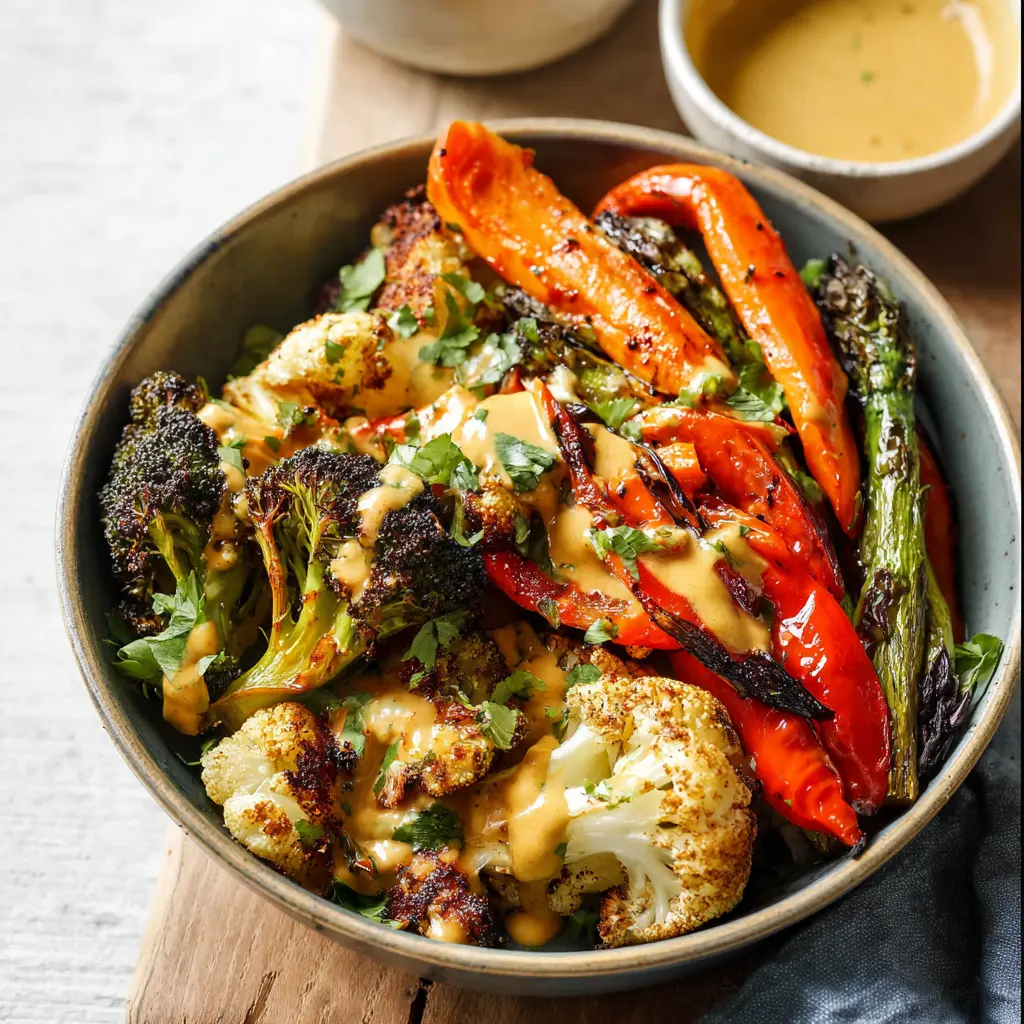 Glow Bowl Roasted Veggies Tahini recipe, served and ready to eat, easy homemade dish