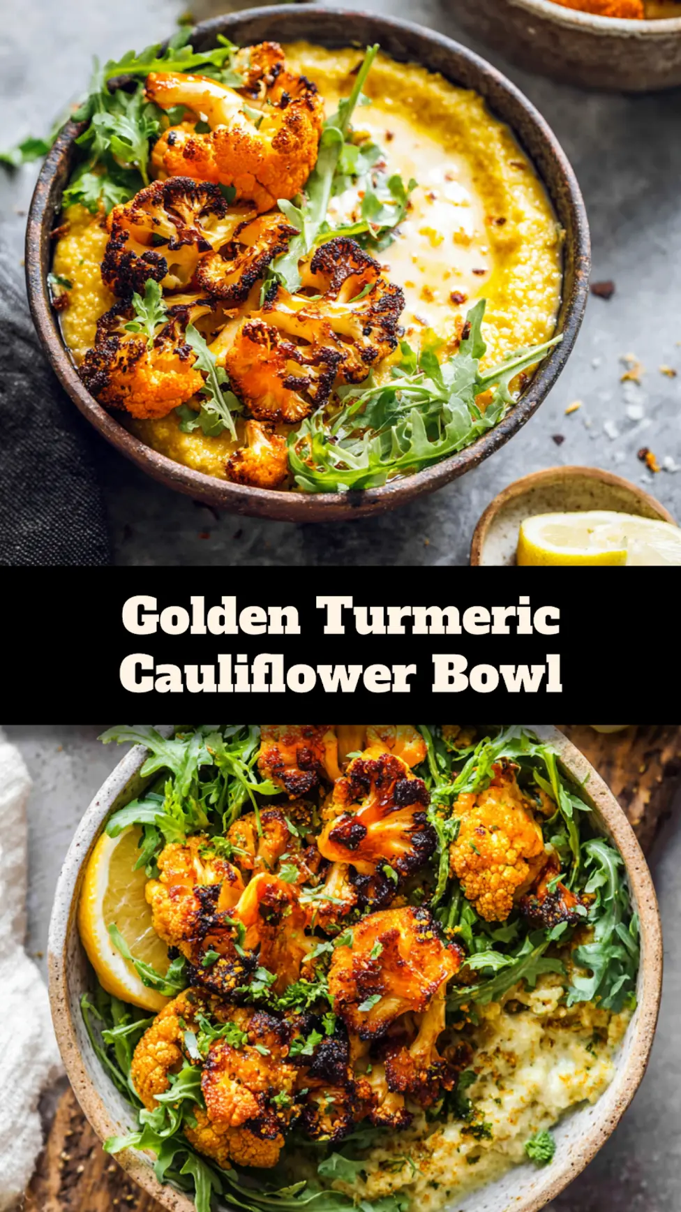 Golden Turmeric Cauliflower Bowl recipe pin  easy homemade dish ready to serve
