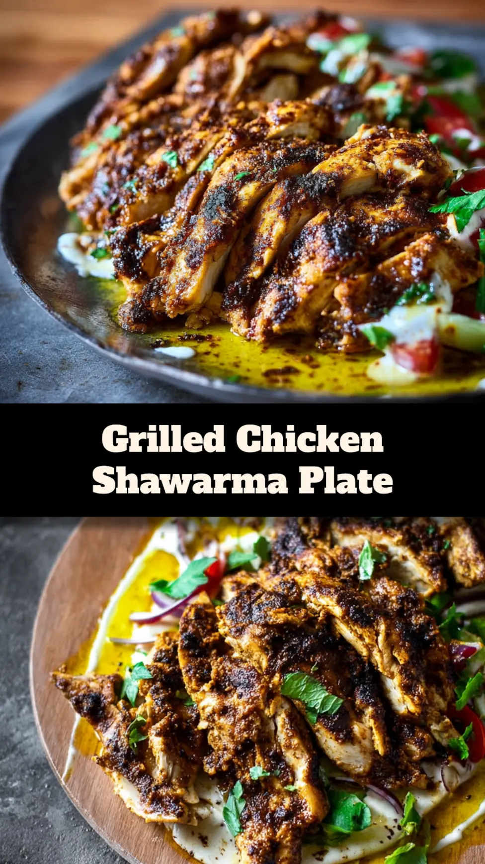 Grilled Chicken Shawarma Plate recipe pin  easy homemade dish served and ready to eat
