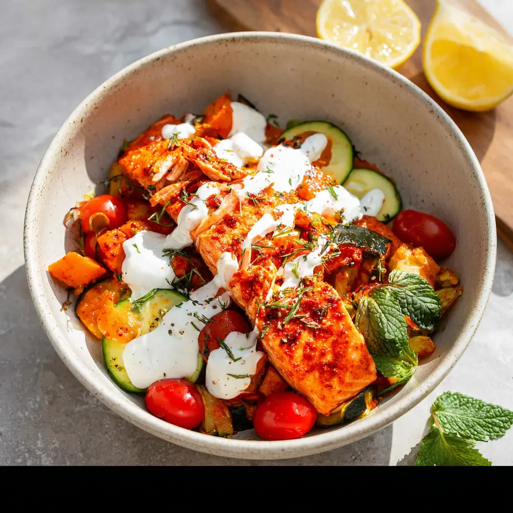 Harissa Salmon Meal Prep Bowl Vibrant and Satisfying Real Way to Make Lunch Better 2 Harissa Salmon Bowl recipe, served and ready to eat, easy homemade dish