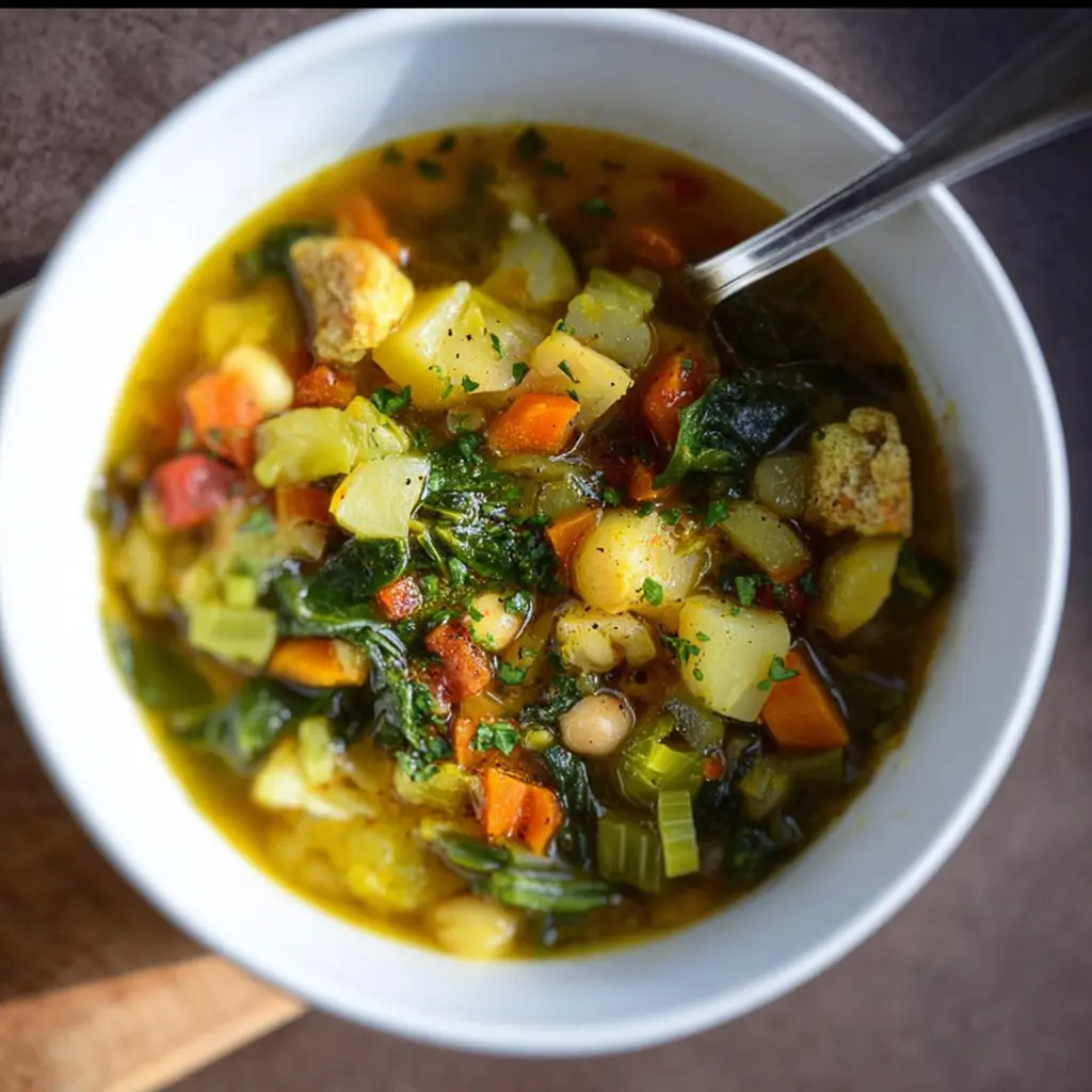 Healing vegetable soup anti-inflammatory recipe, served and ready to eat in a bowl