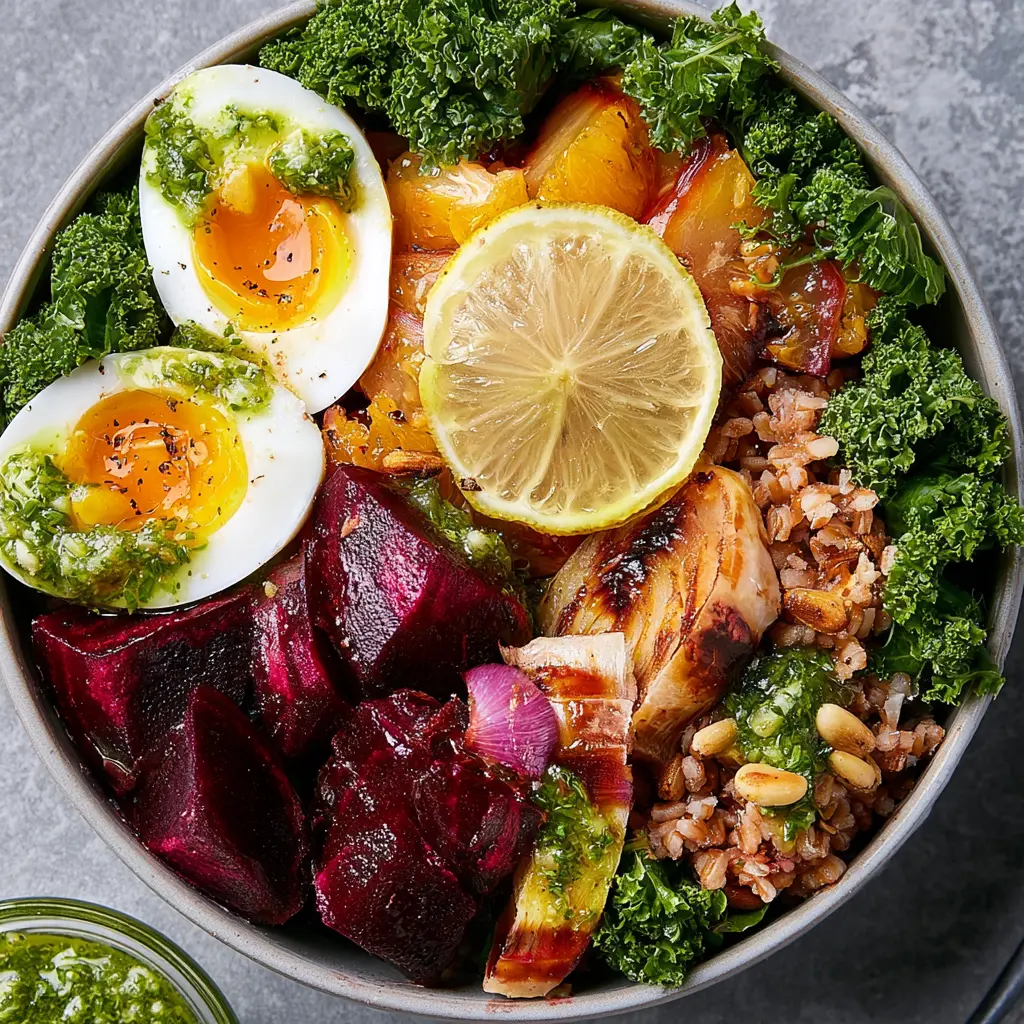 Immune Boosting Beet Farro Bowl served and ready to eat, a colorful homemade meal prep dish