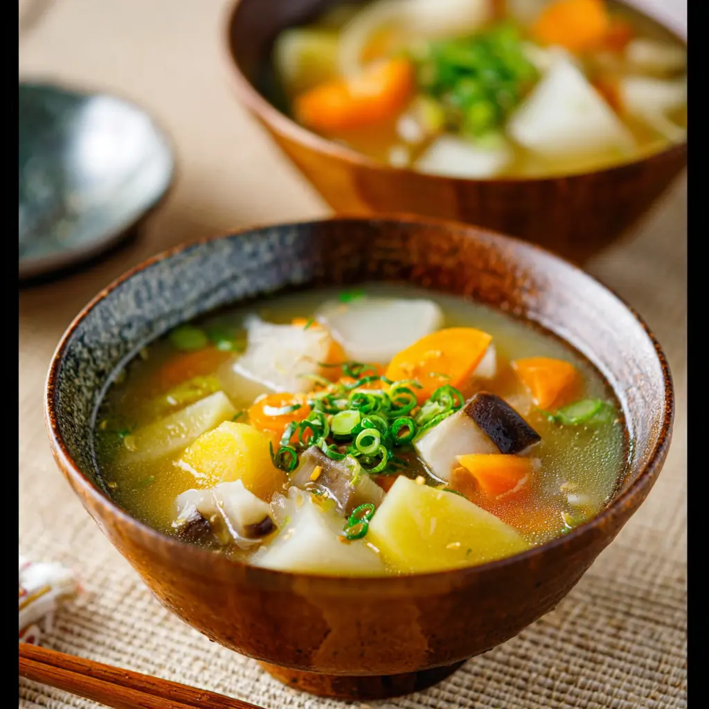 Japanese Kenchinjiru Root Vegetable Soup recipe, served and ready to eat, easy homemade dish