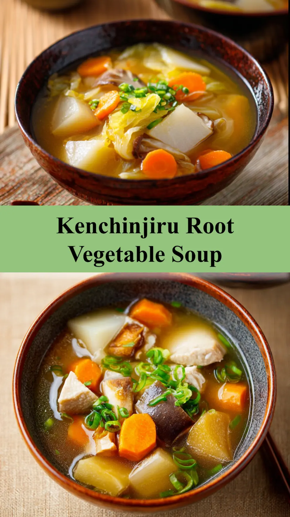 Japanese Kenchinjiru Root Vegetable Soup recipe, served and ready to eat, easy homemade dish