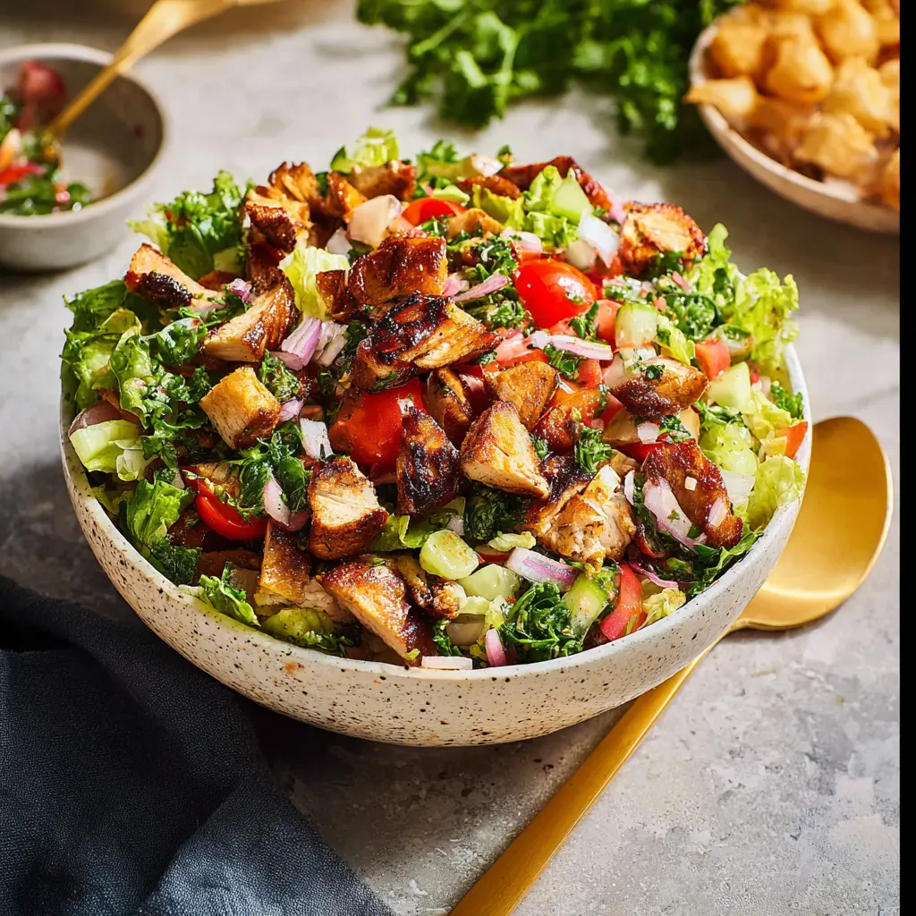 Lebanese Fattoush Salad Grilled Chicken Vibrant Fresh Way Your New Favorite Bowl 2 Lebanese Fattoush Salad with Grilled Chicken served in a bowl, ready to eat