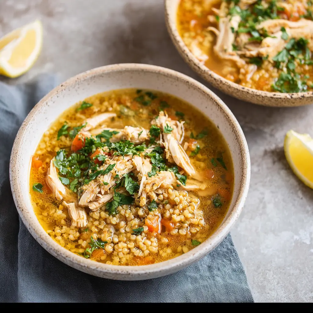 Lebanese Freekeh Chicken Soup served in a bowl, homemade and ready to eat