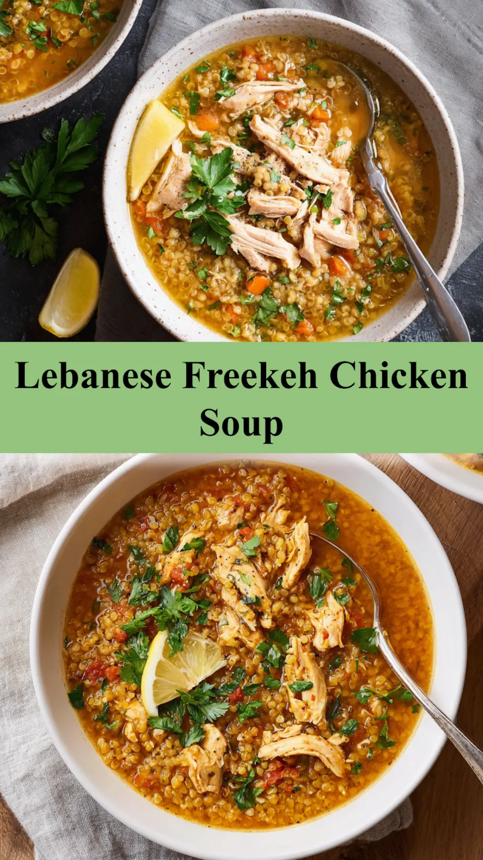 Lebanese Freekeh Chicken Soup recipe pin  homemade and ready to serve