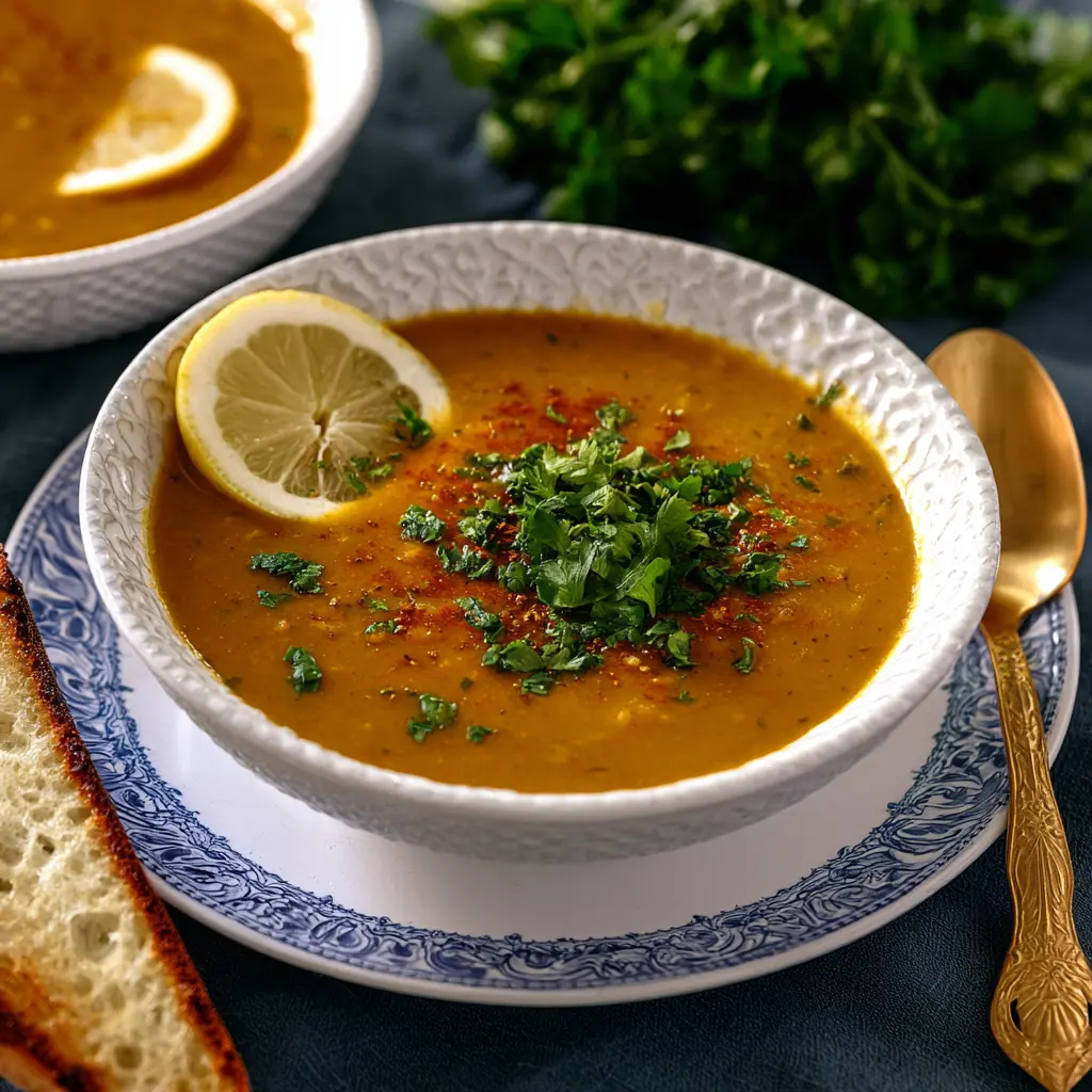 Lebanese Lentil Adas Soup with cumin, served in a bowl and ready to eat