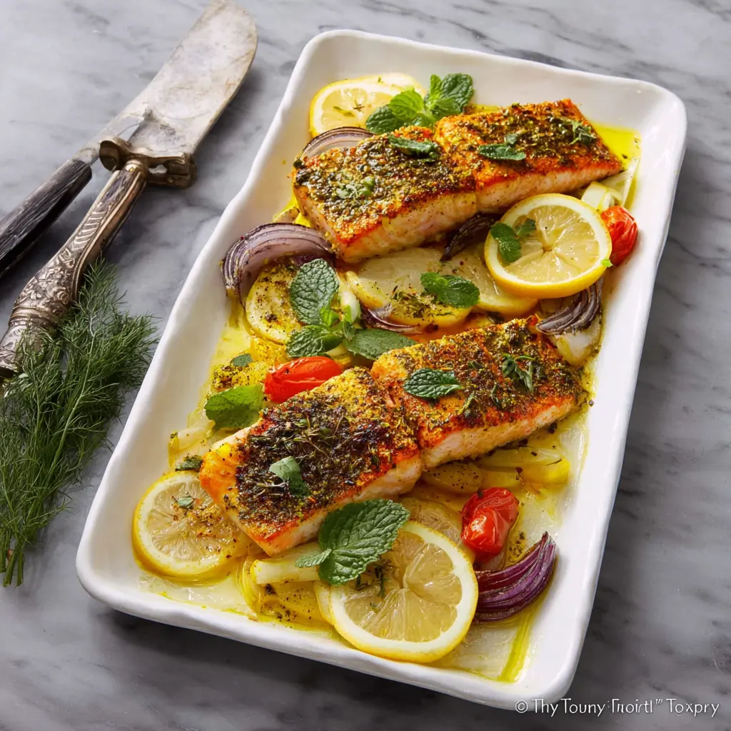 Lemon Turmeric Salmon Sheet Pan recipe, served and ready to eat, easy homemade dish