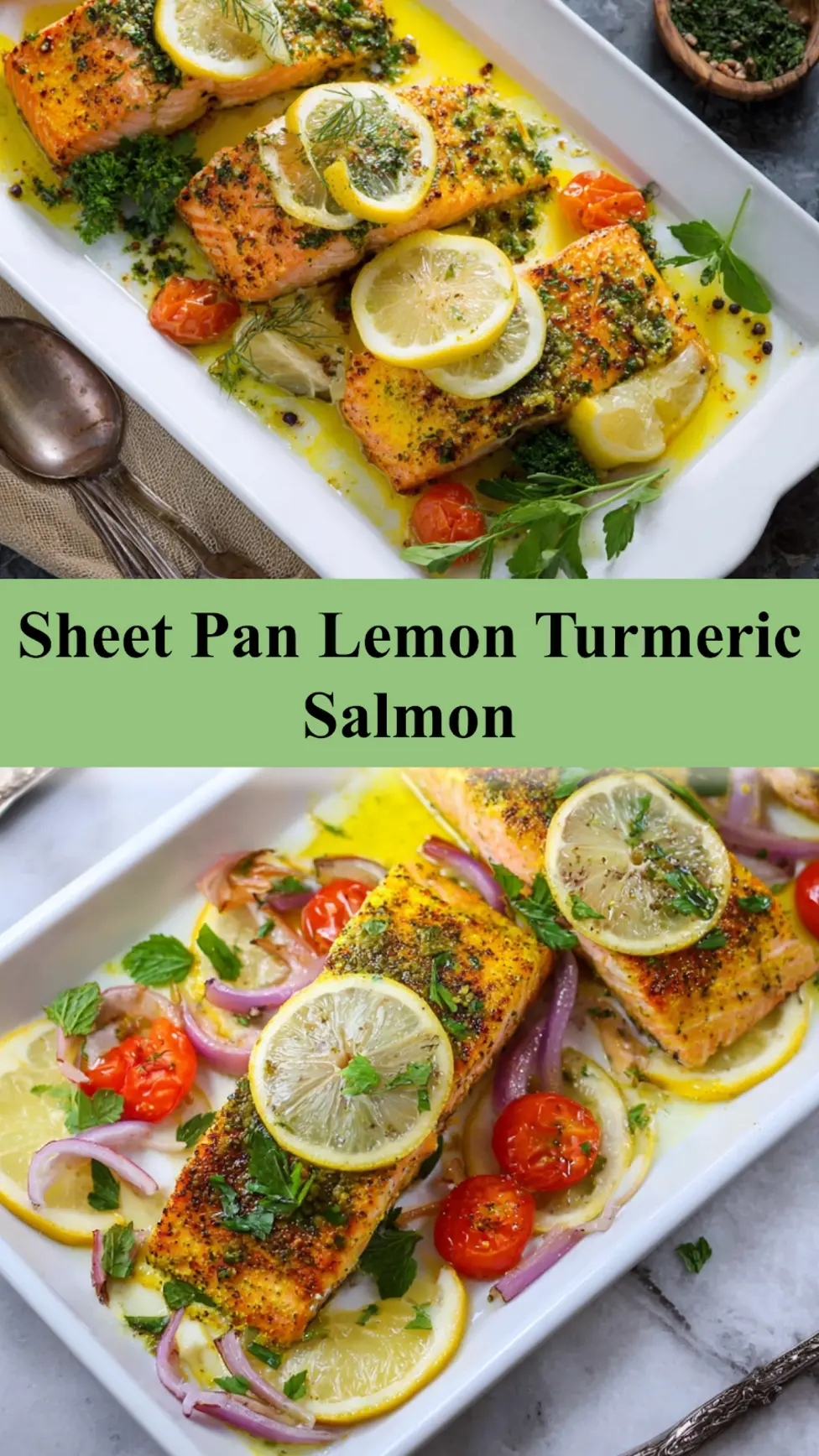 Lemon Turmeric Salmon Sheet Pan recipe, served and ready to eat, easy homemade dish