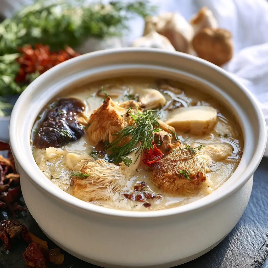 Lions Mane Mushroom Soup recipe, served and ready to eat, easy homemade dish